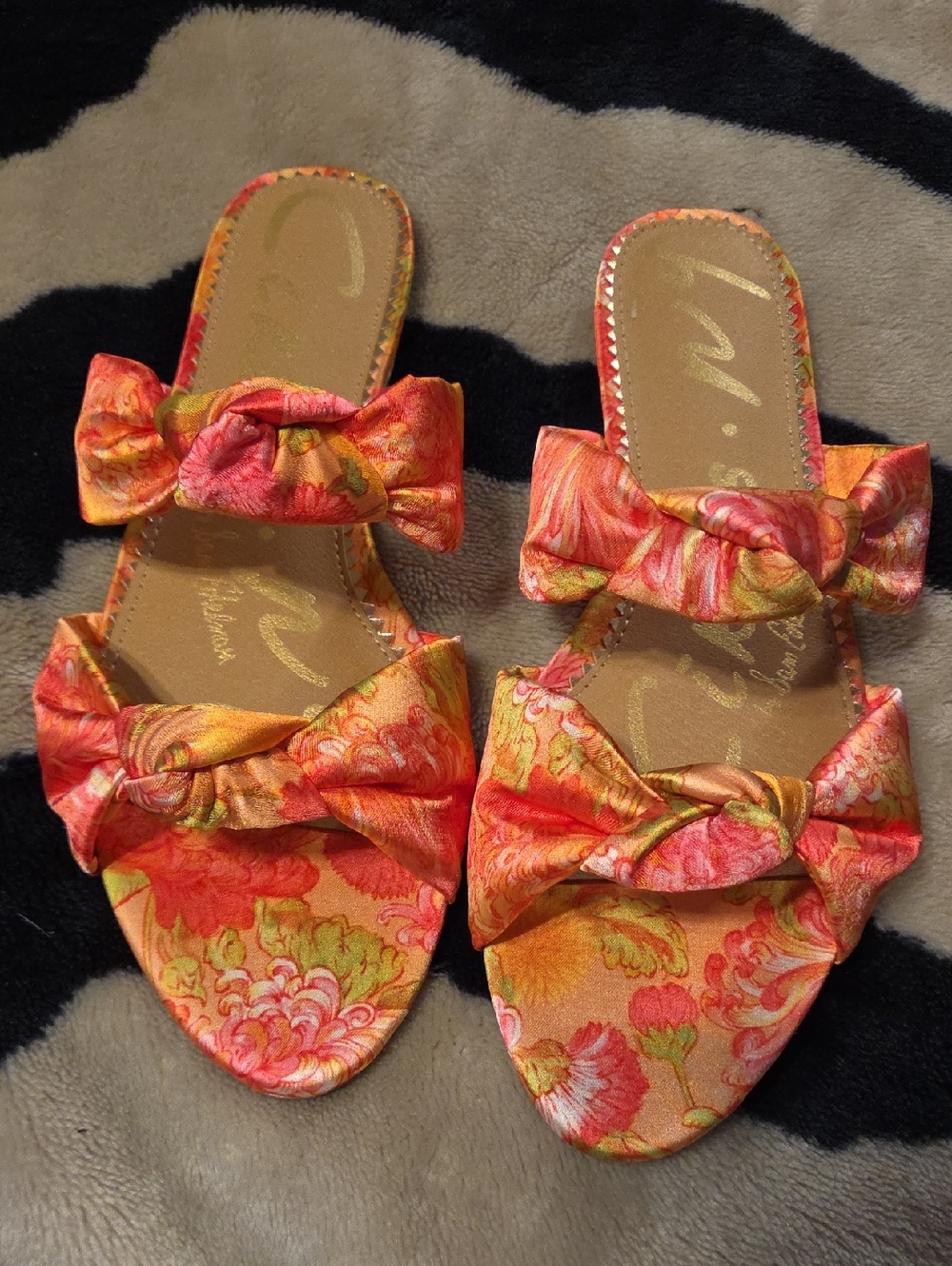 Circus by Sam Edelman Floral Bow Slide Sandals in Coral and Yellow